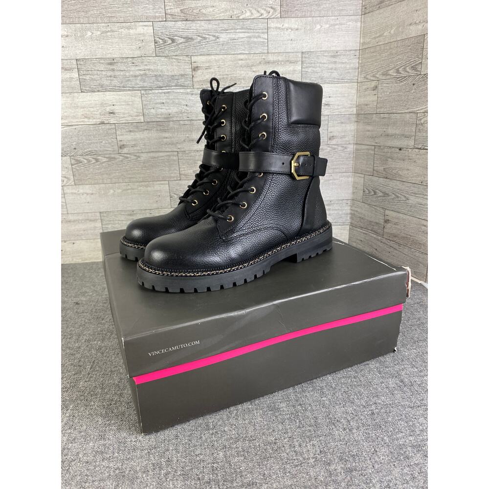 New VINCE CAMUTO LEATHER Combat Boots Gold Accents 6.5M